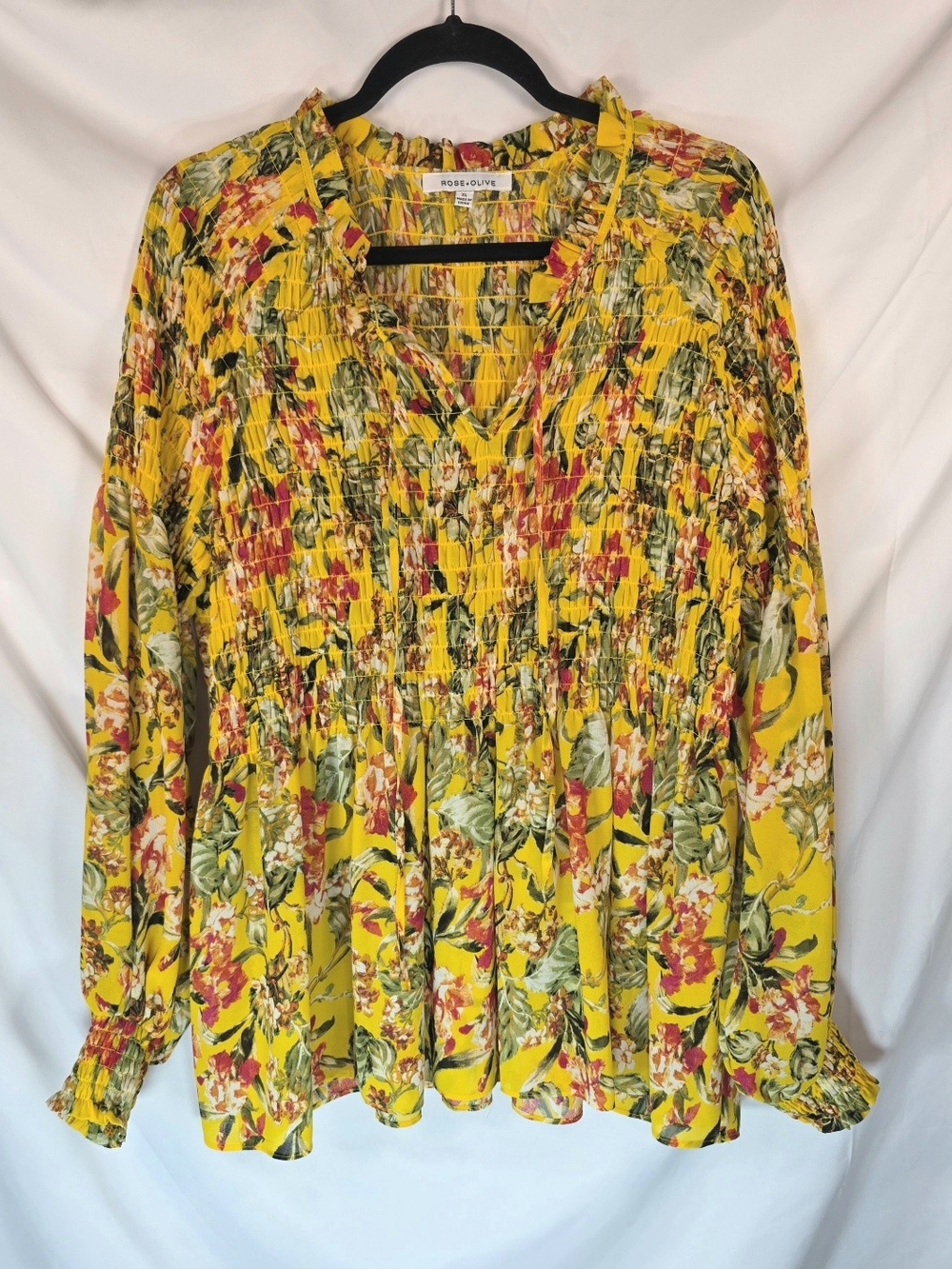 Rose & Olive XL Blouse Mustard Yellow Boho Floral Smocked Peplum Balloon Sleeve